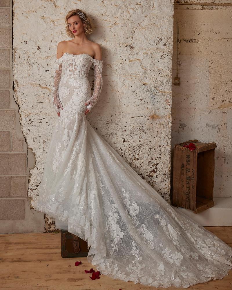 123233 sexy wedding dress with lace and strapless dip neckline1